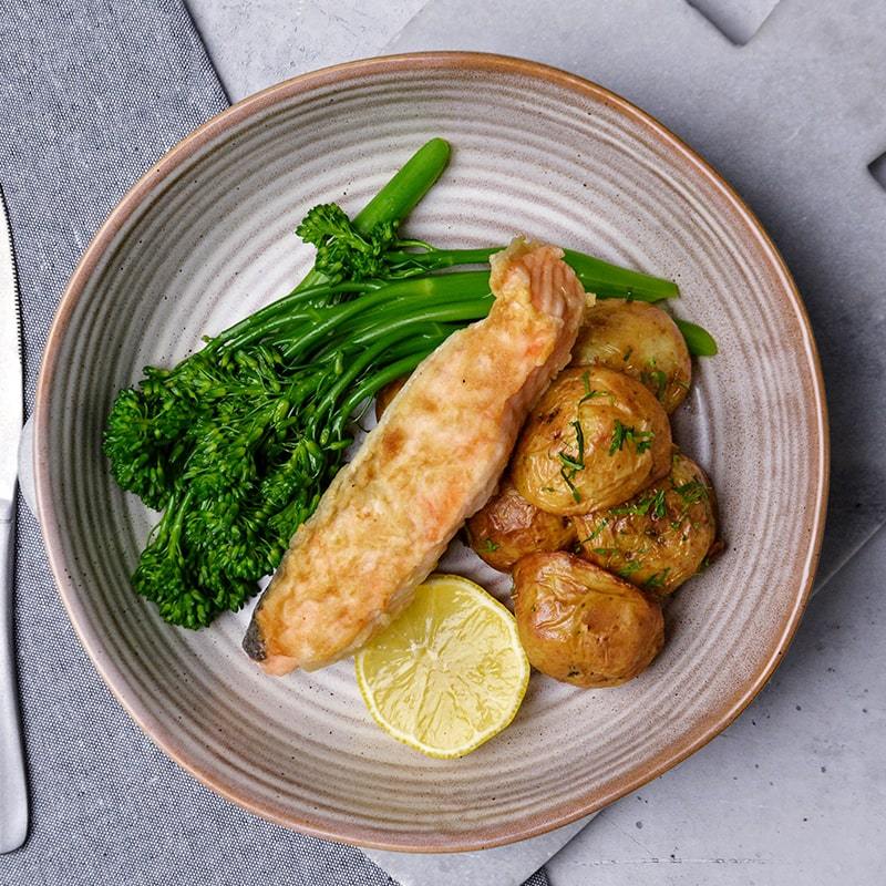Salmon Steak, Roast Chat Potatoes and Broccoli Pen Catering