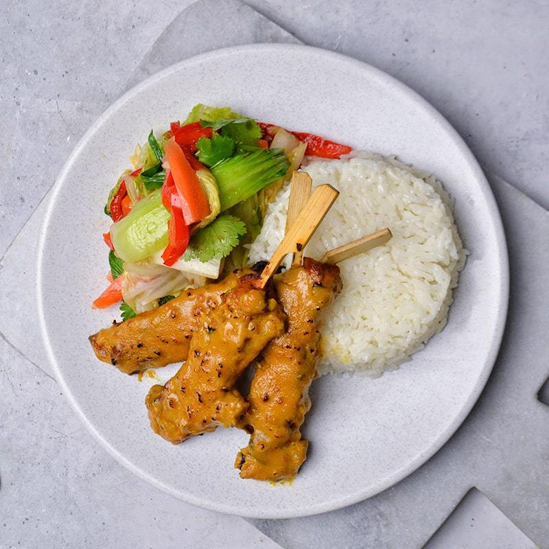 Chicken Satay Skewers, Asian Greens & Steamed Rice Pen Catering