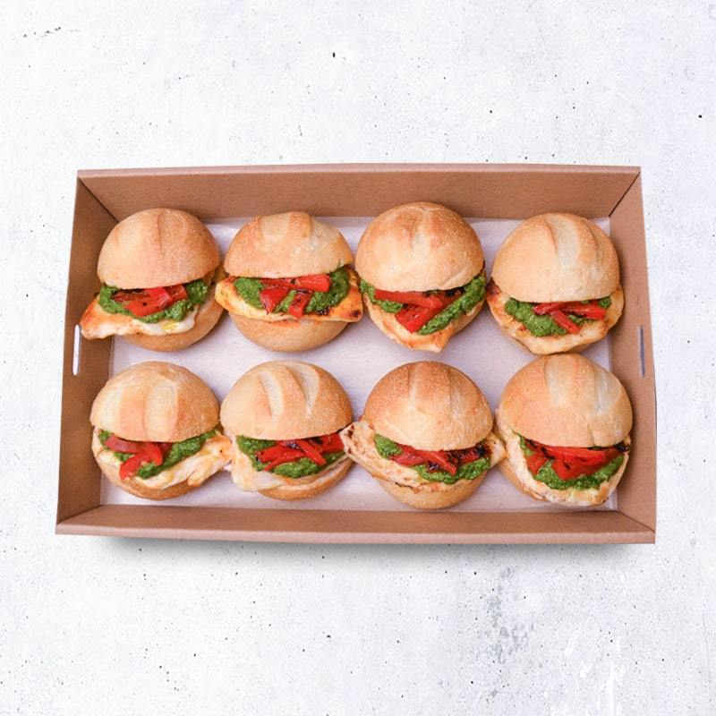 Mini Burgers Pen Catering Grilled Chicken Burger with Special Sauce, Rocket Mayo & Roasted Peppers