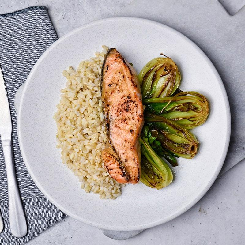 Miso Glazed Salmon with Bok Choy & Brown Rice Pen Catering 
