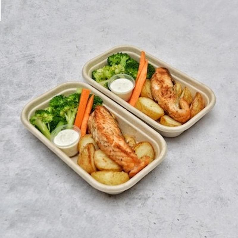 Salmon Steak, Roast Chat Potatoes and Broccoli Pen Catering