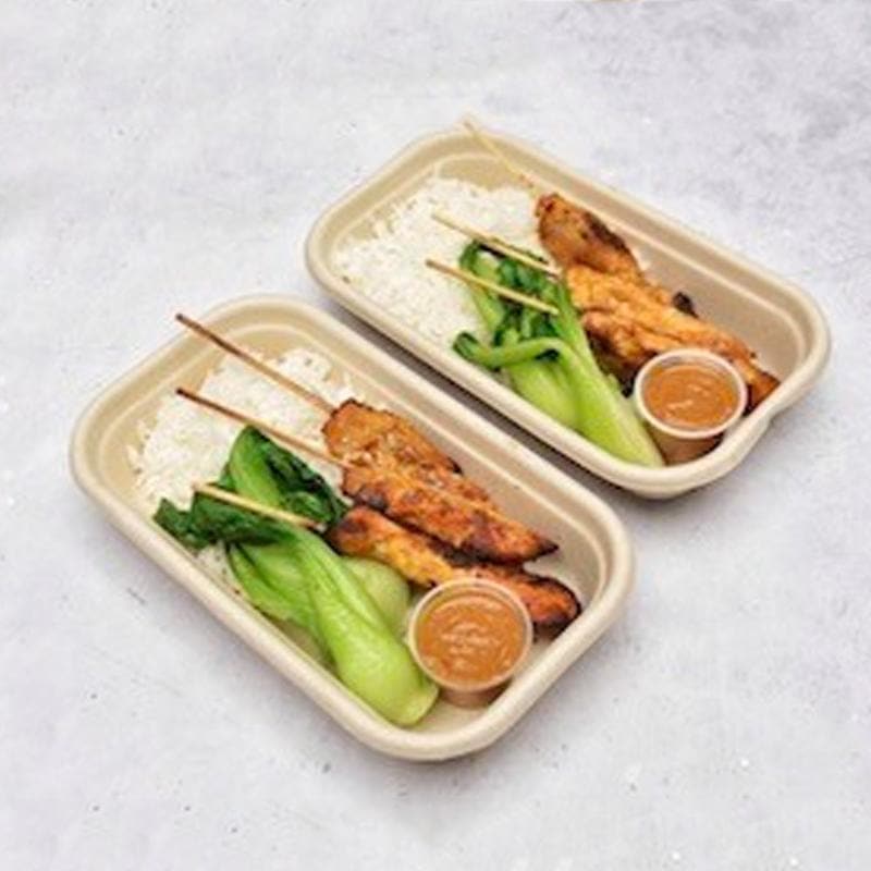 Chicken Satay Skewers, Asian Greens & Steamed Rice Pen Catering