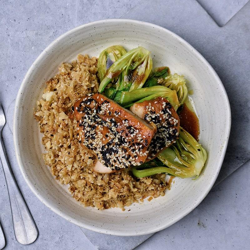 Teriyaki Chicken, Cauliflower Rice & Bok Choy Pen Catering