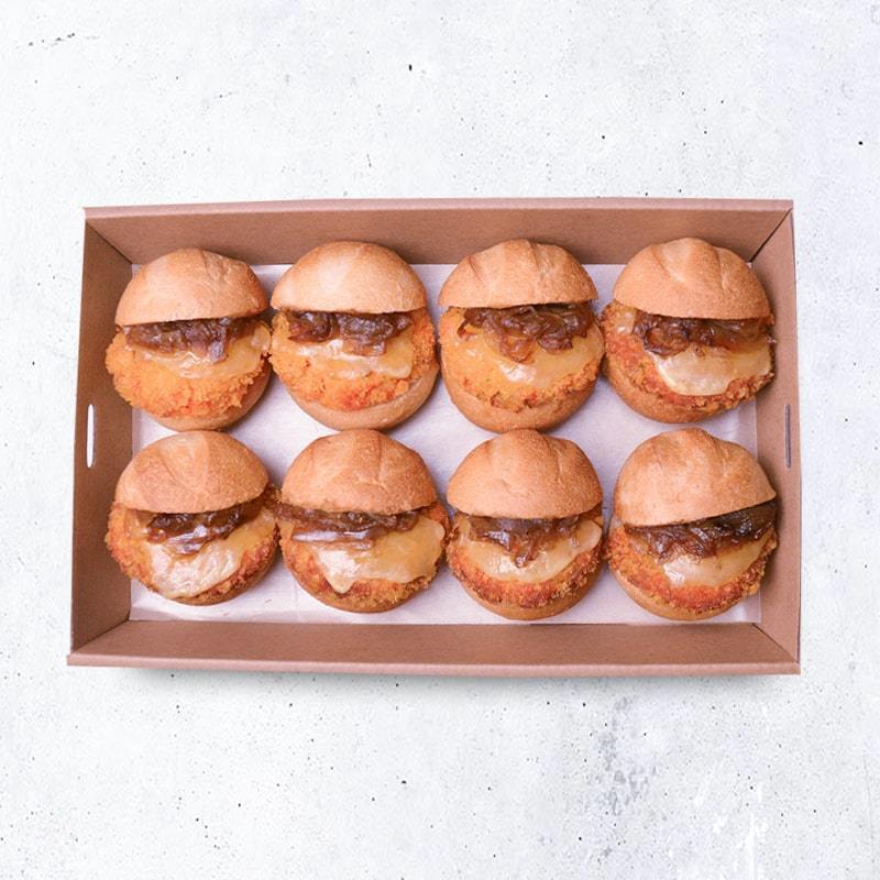 Mini Burgers Pen Catering Signature Veggie Burger with Tomato Chutney, Caramelised Onion & Swiss Cheese