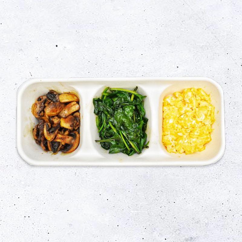 Warm Breakfast for One Pen Catering Scrambled Eggs / Mushrooms / Wilted Spinach