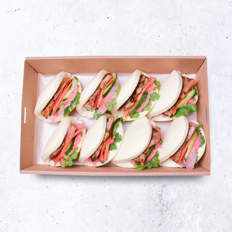 Steamed Bao Buns Pen Catering BBQ Pork Belly with Cucumber, Carrot, Pickled Ginger & Sriracha Mayo 
