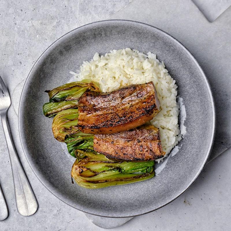 Japanese BBQ Glazed Pork Belly with Boy Choy & Steamed Rice Pen Catering 