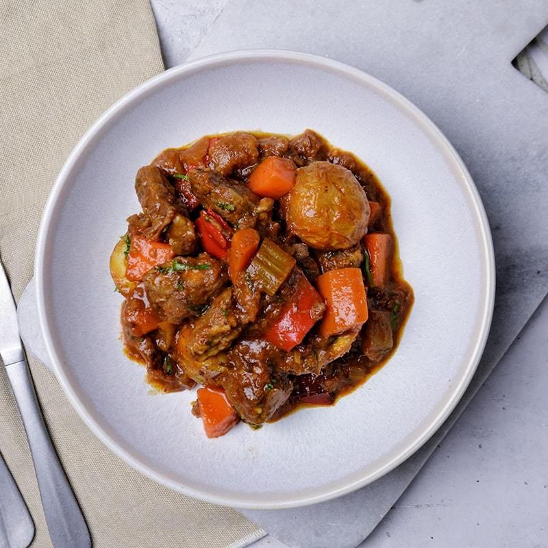 Pepper Beef Stew with Roast Chat Potatoes Pen Catering 