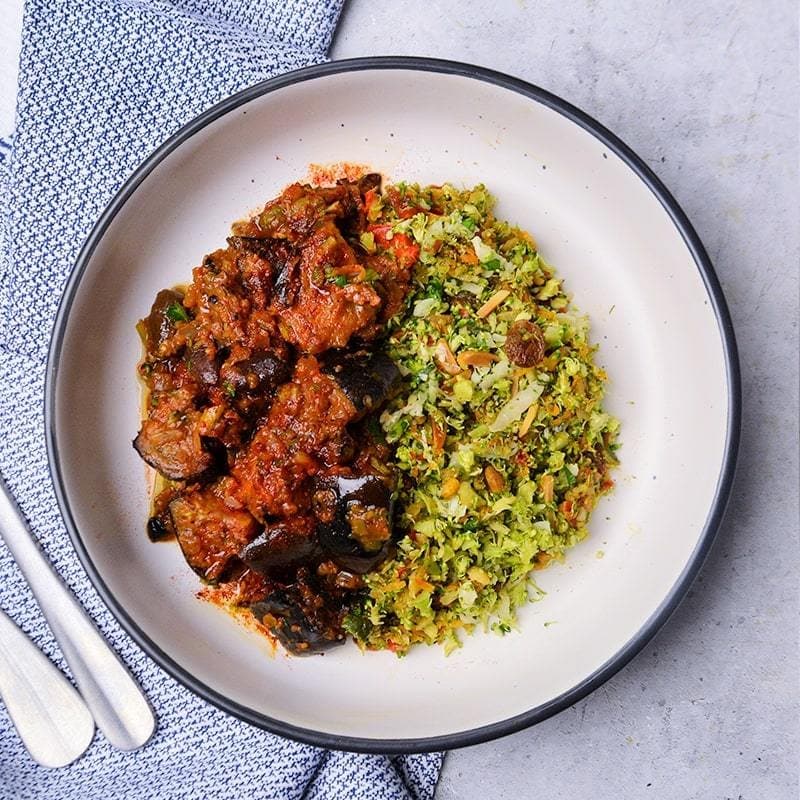 Sicilian Eggplant Stew, with Almond Broccoli Rice Salad Essential Kitchen Sydney 