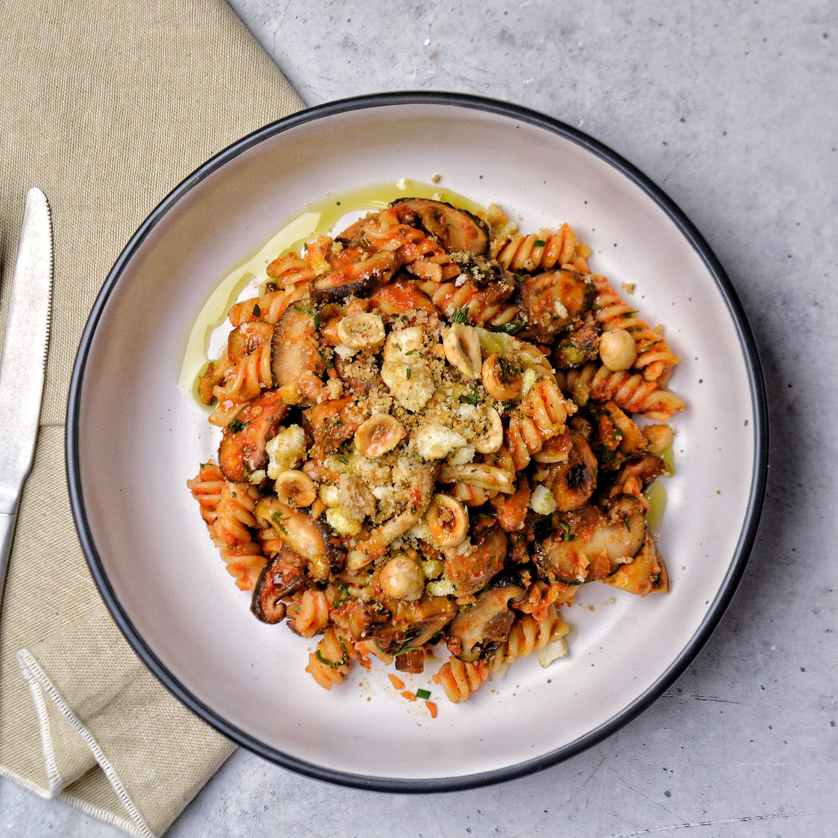 Vegan Mushroom Fucilli Pasta with Hazelnut Pangrittato Pen Catering 